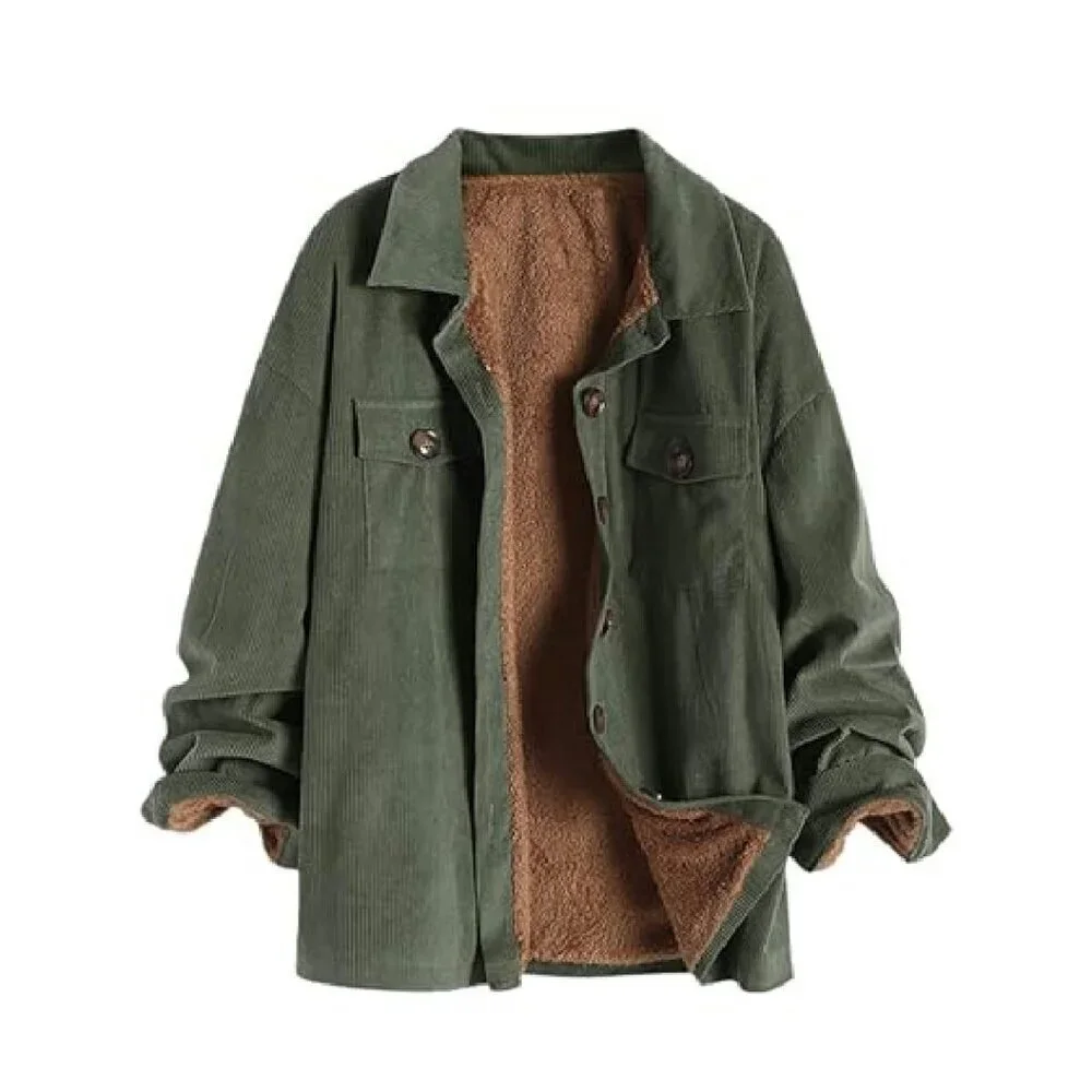 Vintage Corduroy Fleece Lined Jacket Shacket Casual Winter Coat